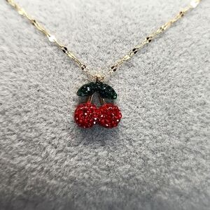 18k Gold Plated Stainless Steel Rhinestone Double Cherry Pendant Necklace